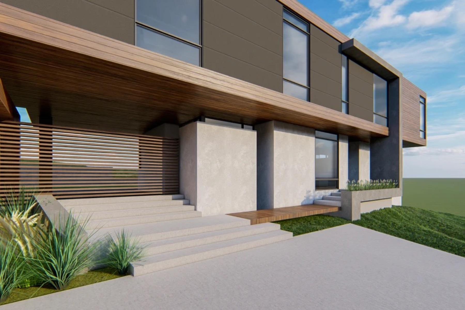 Modern entry with cedar soffit and wide steps