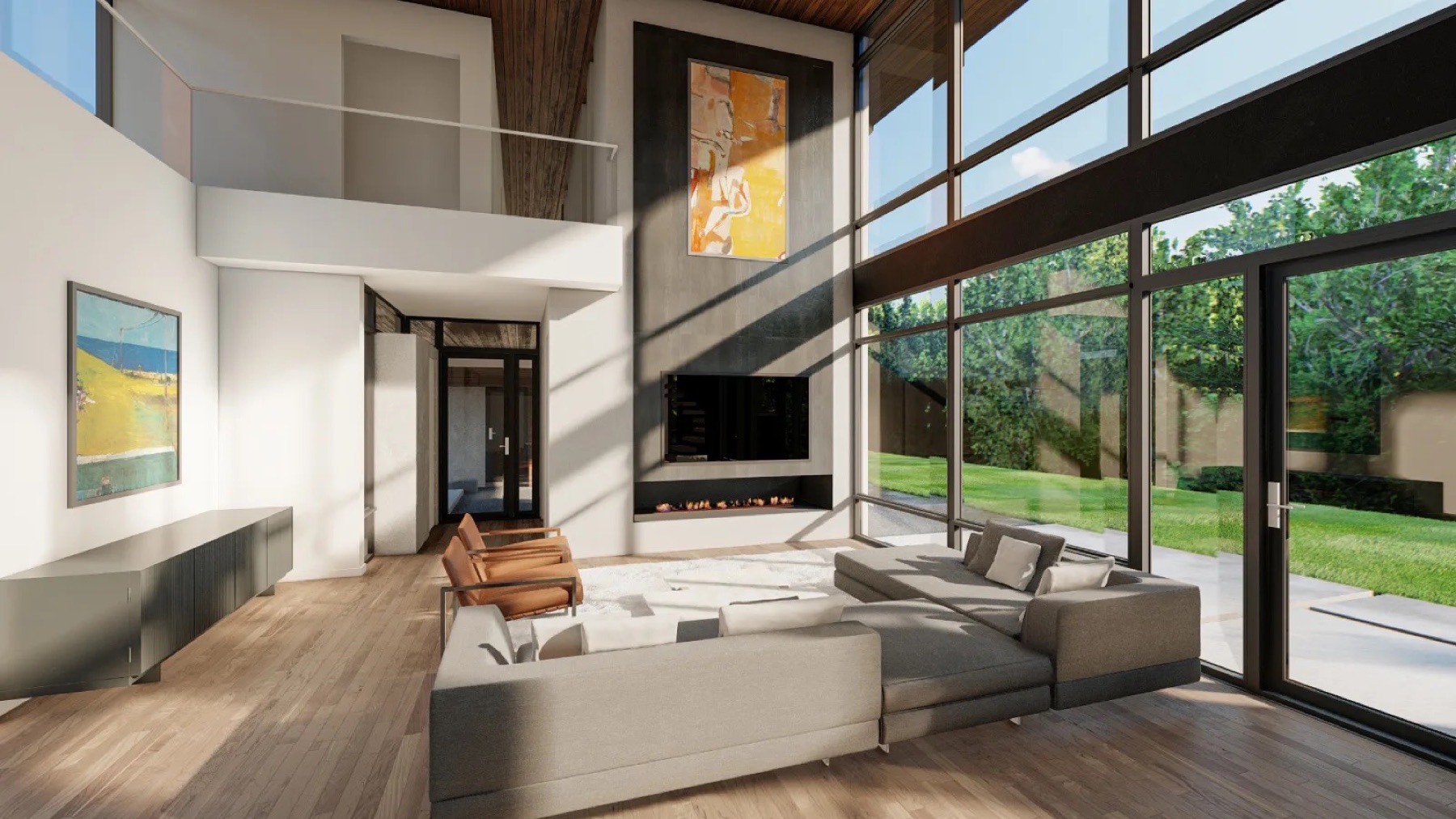 Double-height living room with glass walls opening to the garden