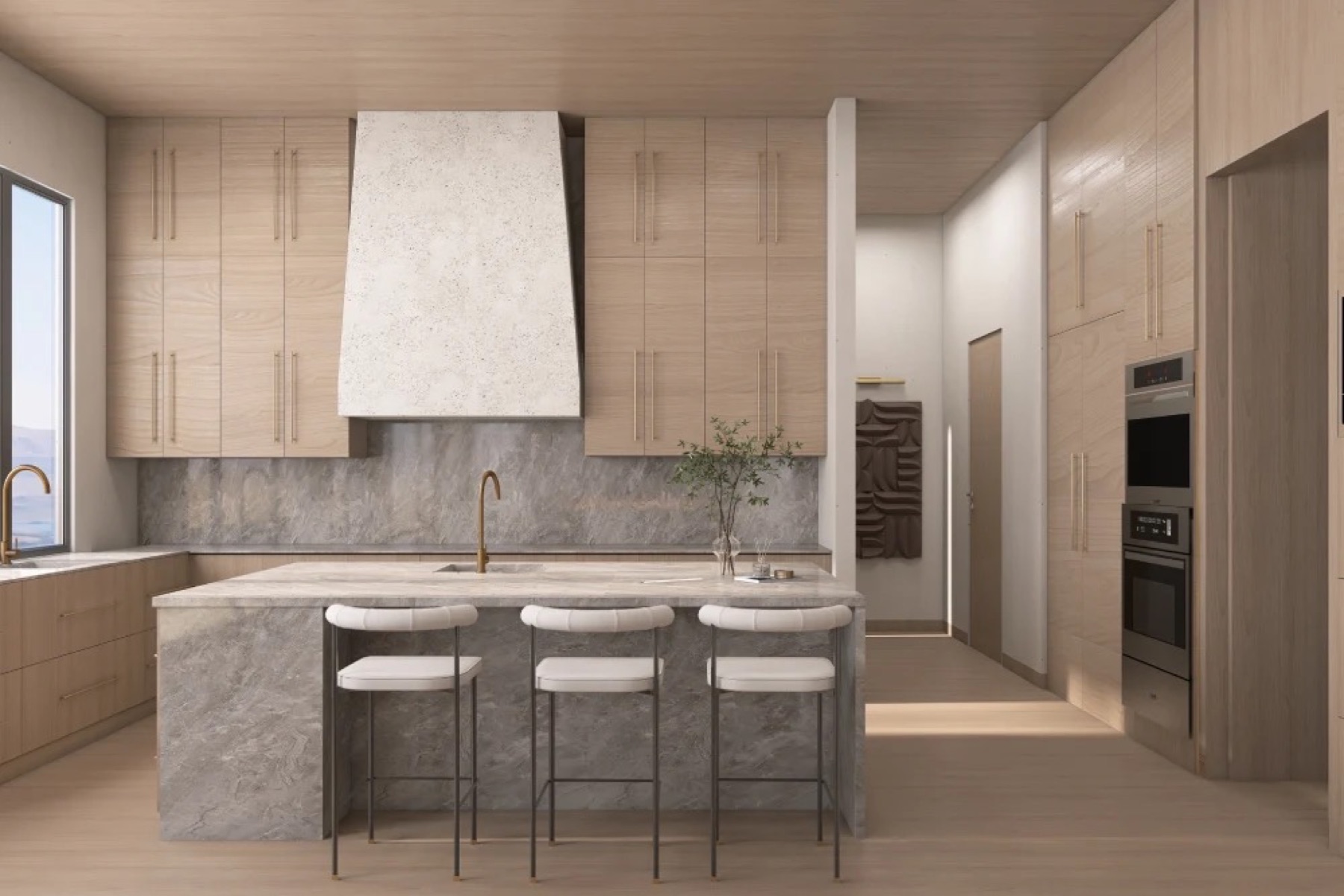 Kitchen with stone hood and island seating