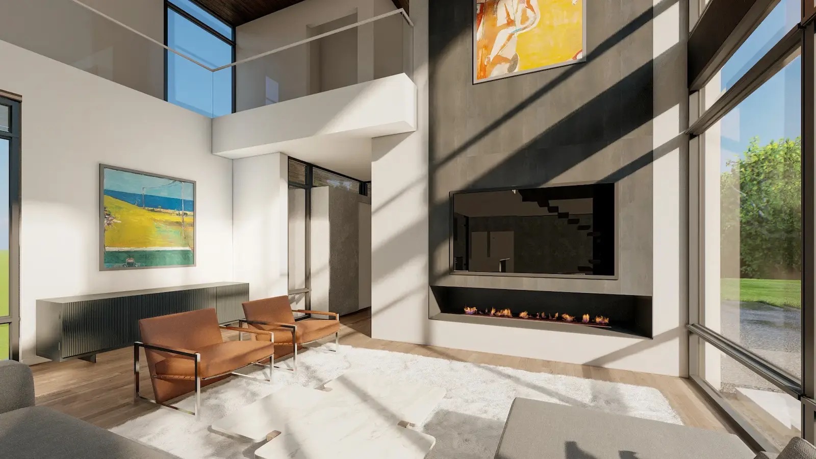 Double-height living room with linear fireplace