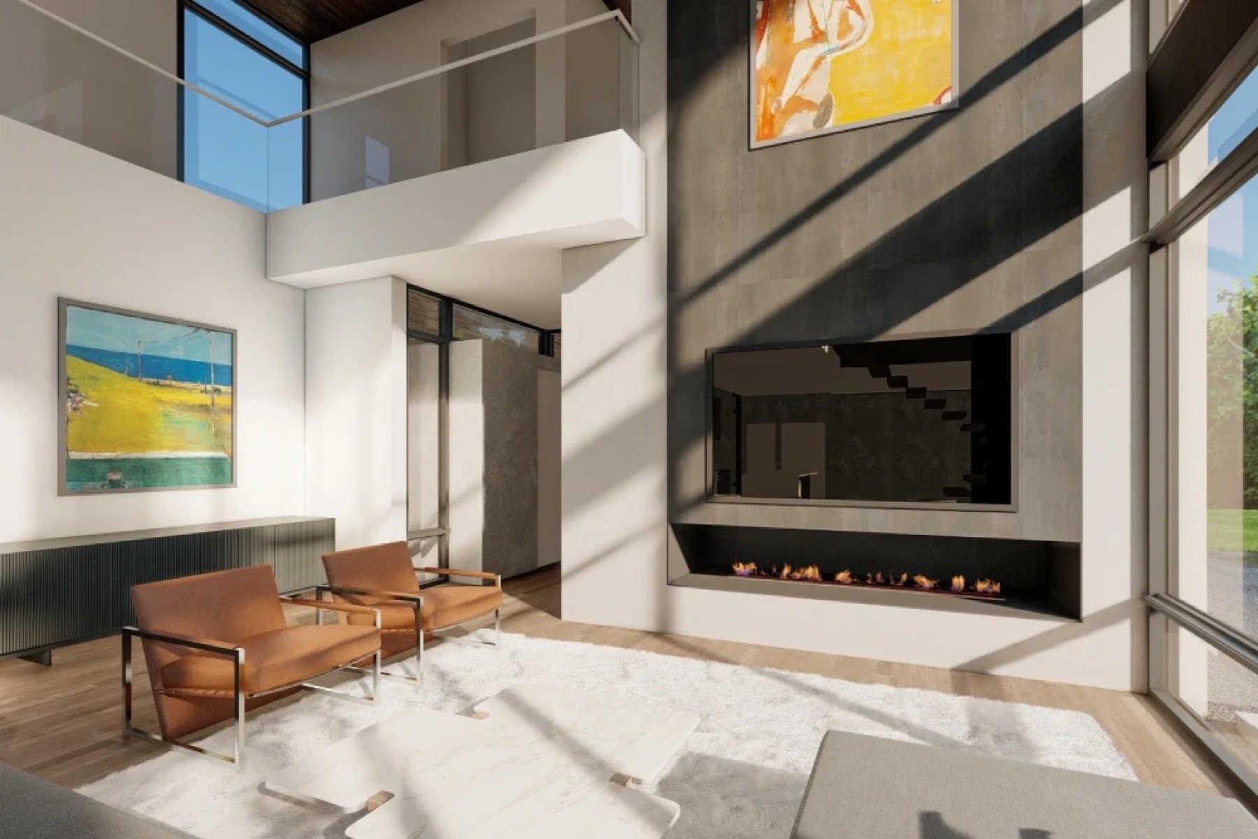 Living room with linear fireplace and tall windows
